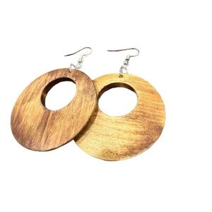 Boho Disco 60’s Retro Wooden Dangle Hoop Earrings with Sterling Silver Posts